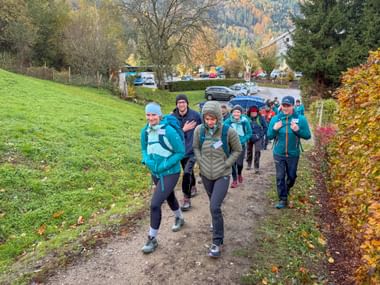 Large group of hikers in outdoor gear walking on dirt path through autumn landscape with colorful foliage, green meadow and mountains.