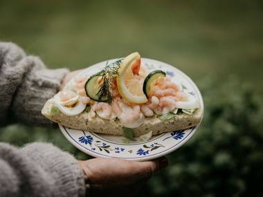 Typische Spezialitäten beim Wandern in Schweden genießen Hände halten einen Teller, Brot mit Flusskrebsen, Zitronenscheibe und Gurkenscheibe