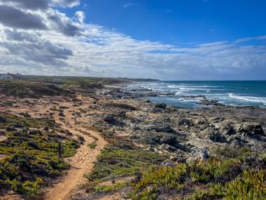 Sandiger Wanderweg entlang felsiger Küste am Praia do Queimado bei Porto Covo. Grüne Vegetation säumt den Weg, Wellen brechen an dunklen Felsen.