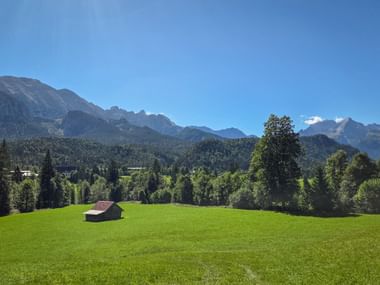 Green meadow with wooden hut in Wamberg, surrounded by forest and mountains under blue sky on the Munich to Venice hiking route.