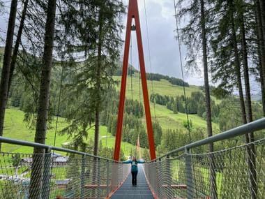Hiker on the suspension bridge on the Baumzipfelweg