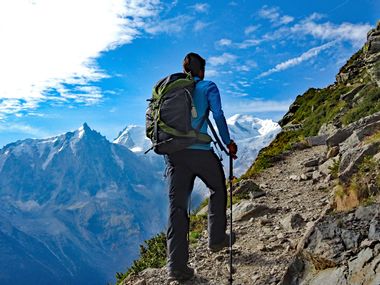 Stony hiking path with view to Mont Blanc