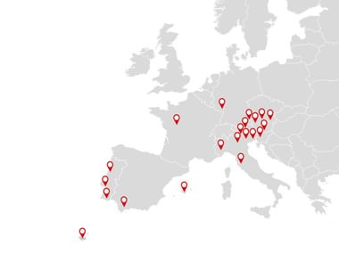 Map of Europe showing multiple red location markers indicating Eurohike stations across countries including Austria, Germany, France, Spain, and Italy.