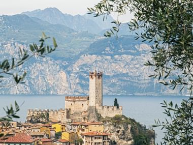Medieval Scaliger Castle in Malcesine with tall tower overlooking Lake Garda, framed by olive branches with mountains in the background.