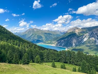 View of the mountains and lake from the Haideralm