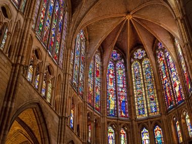 Colourful windows in the cathedral of Sarria