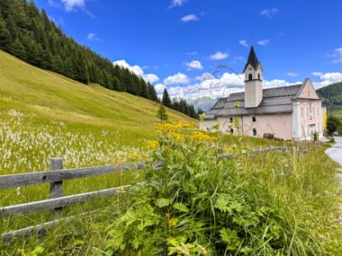 Kirche Maria Waldrast mit weißem Turm in Matrei, umgeben von grünen Almwiesen mit Wildblumen und bewaldeten Bergen unter blauem Himmel.