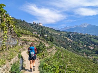 Wanderin auf dem Algunder Waalweg zwischen Weinreben, mit Blick auf Schloss Tirol