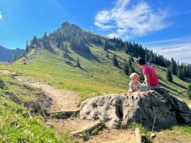 Adult and child resting on a rock during a mountain hike in Bavaria. Green alpine meadows and forested peaks under blue sky.