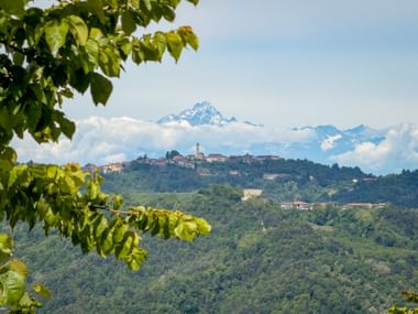 Hilltop village of Baratta framed by green leaves, with forested hills and snow-capped Alpine peaks visible in the distance under a blue sky.
