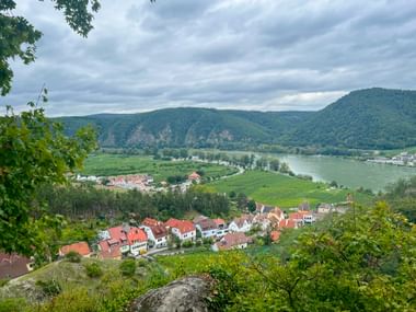Elevated view of Dürnstein village with red-roofed houses, vineyards, and the Danube River winding through the Wachau Valley under cloudy skies.