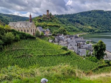 Beilstein an der Mosel mit Weinbergen, historischer Kirche und Burgruine Metternich auf dem Hügel. Grüne bewaldete Hügel rahmen die Szene.