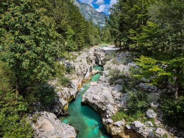 Türkisfarbener Soča-Fluss fließt durch enge Felsschlucht, umgeben von üppigem grünem Wald mit Julischen Alpen im Hintergrund.