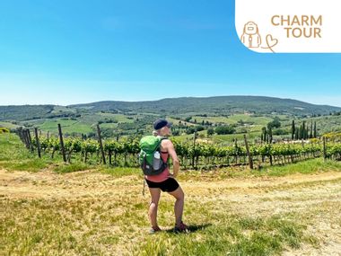 Hiker in front of vines in Tuscany