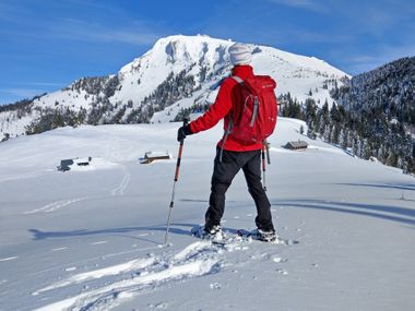 Wanderer im Winter mit Blick auf die verschneiten Gipfel