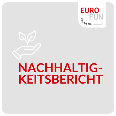 Cover des Eurofun Touristik Nachhaltigkeitsberichts mit Hand-Pflanze-Symbol und rotem Text auf hellgrauem Hintergrund.