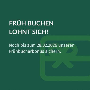 Grünes Werbebanner mit weißem Text 'FRÜH BUCHEN LOHNT SICH!' und Frist 28.02.2026 für Frühbucherbonus. Eurohike-Logo sichtbar.