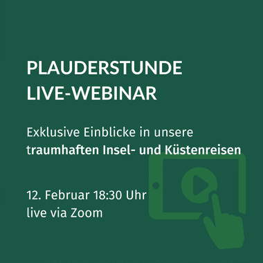 Grünes Werbebanner für ein Live-Webinar am 12. Februar um 18:30 Uhr via Zoom über Insel- und Küstenreisen. Play-Button-Symbol sichtbar.