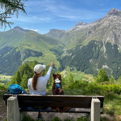 Wanderer und Hund machen Pause und sehen auf den Berggipfel