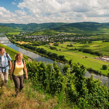 2 hikers on the Brauneberg above the Moselle with panoramic view
