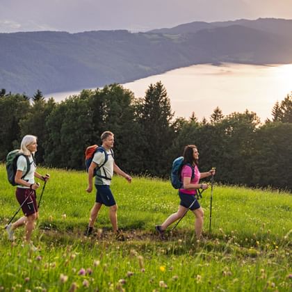 Three hikers with backpacks and walking poles crossing a green meadow in Döbriach, with mountains and a lake visible in the background.