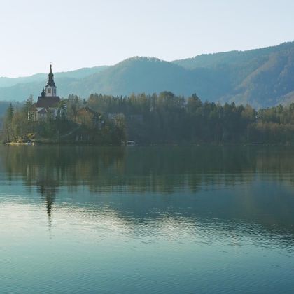 Lake Bled with a view of the Church of the Assumption of the Virgin Mary