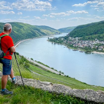 Wanderer mit Rucksack und Wanderstöcken auf Hang mit Blick auf Rheintal mit grünen Weinbergen und Dorf unter blauem Himmel.
