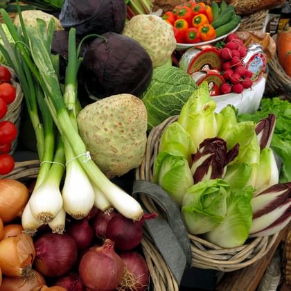 Selection of vegetables, tomatoes, onions, spring onions, chicory, radishes, carrots, peppers, cabbage