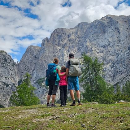 Family of three with backpacks viewing dramatic rocky peaks of the Julian Alps. Green meadow and trees in foreground, cloudy blue sky above.