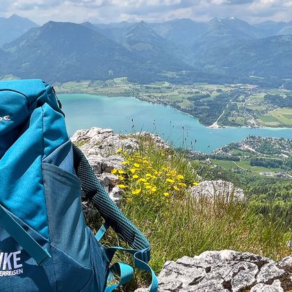 Wolfgangsee distant view backpack