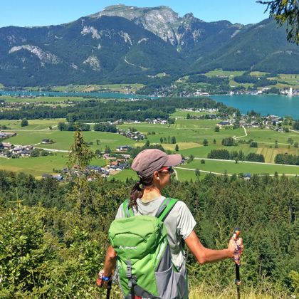 Hiker enjoys the panoramic view of Lake Wolfgang and the Schafberg mountain