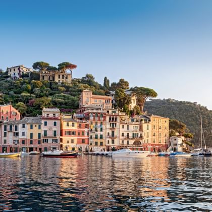 Hafen von Portofino mit bunten Pastellhäusern entlang der Uferpromenade, Boote und Yachten im ruhigen Wasser, Villen am Hang darüber.