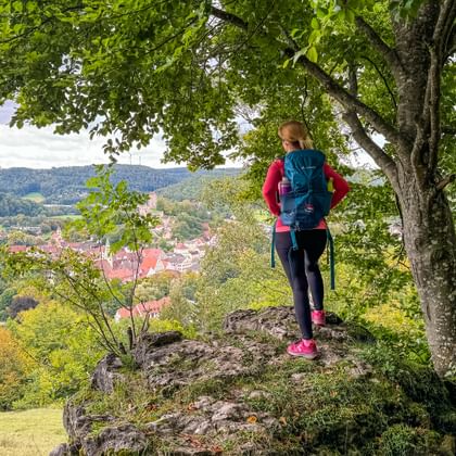 Wanderin mit Rucksack steht auf Felsvorsprung unter grünen Bäumen und blickt auf das Dorf Pappenheim im Altmühltal.