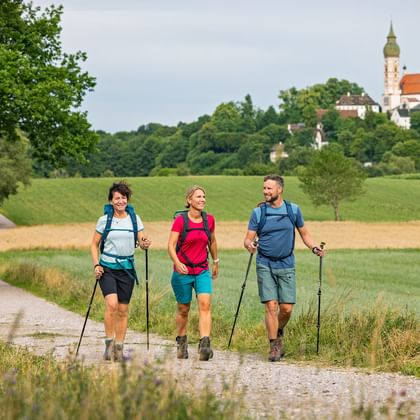 Hikers on a hiking trail near Andechs Monastery