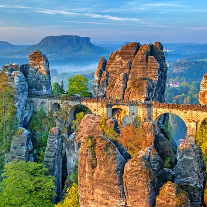 Panoramic view on the Bastei bridge on the hiking trail