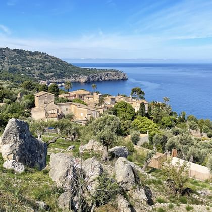 Steindorf an Mallorcas Westküste mit traditionellen Häusern zwischen Olivenbäumen und mediterraner Vegetation mit Blick auf das blaue Meer.