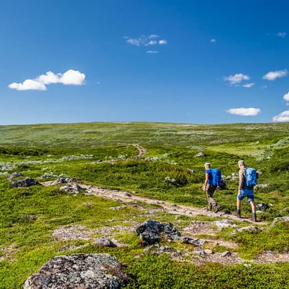 Zwei Wanderer auf dem Wanderweg durch das schöne Funasfjaellen