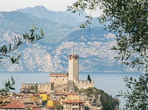 Medieval castle with tall tower in Malcesine overlooking Lake Garda, framed by olive branches. Mountains rise in the background.