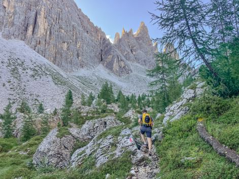 Wanderer mit Sicht auf die Berge