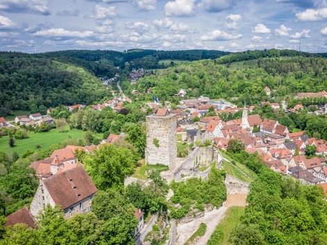 Aerial view of Pappenheim in Altmühltal with medieval castle ruins and tower surrounded by red-roofed houses and green forested hills.