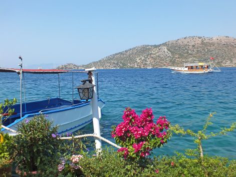 Boat mooring in a beautiful bay with marvellous bougan villas