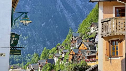 Houses in front of the mountain wall in Hallstatt
