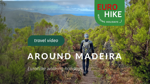 Hiker with backpack walking on mountain trail in Madeira, surrounded by green vegetation with mountains in background. Eurohike travel video.
