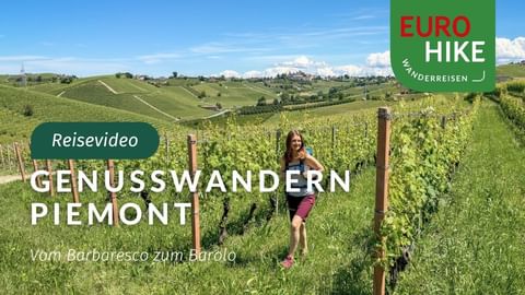 Frau wandert durch grüne Weinbergreihen im Piemont mit sanften Hügeln und Bergdorf unter blauem Himmel.