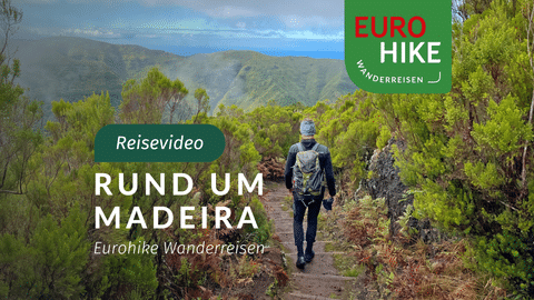 Wanderer mit Rucksack auf Erdweg durch üppige grüne Vegetation auf Madeira, mit Bergen im Hintergrund unter bewölktem Himmel.