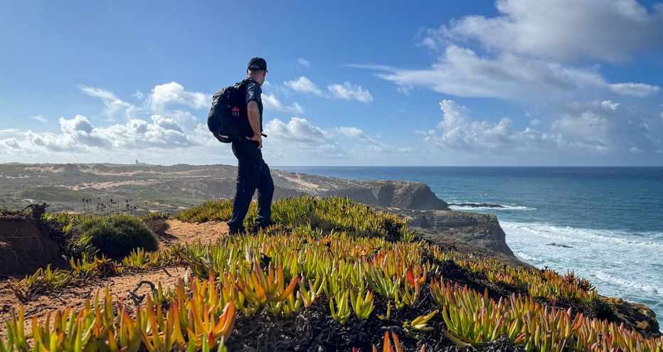 Hiker with backpack standing on cliff with succulent plants overlooking Atlantic Ocean on Rota Vicentina trail in Portugal.