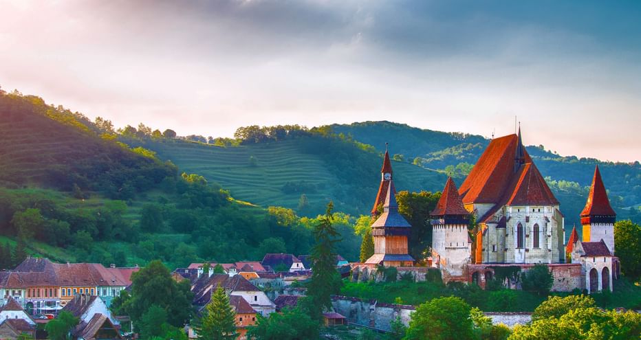 View of the medieval fortified church of Biertan in Transylvania