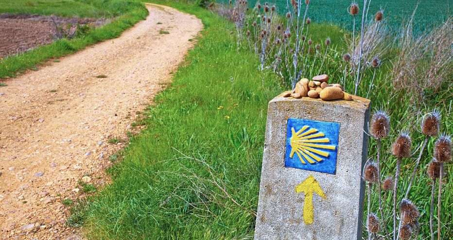 Stone stele with shell signpost next to a hiking trail on the Way of St. James