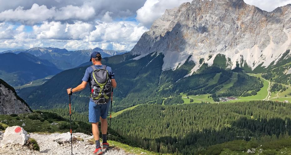 Hikers with a view of the Zugspitze