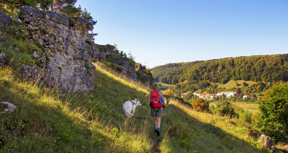 Wanderin mit Hund auf einem schmalen Steig mit Felsen im Altmühltal